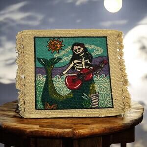singing skeleton mermaid Siren cotton coaster canvas painted Mexican India decor